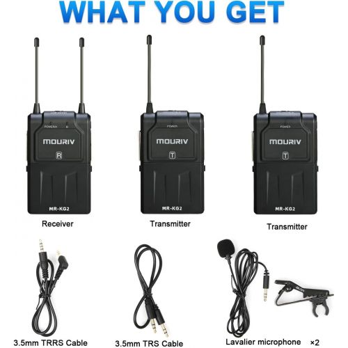  MOURIV 16-Channel UHF Wireless Lavalier Microphone System, Wireless Lav Mic with Two Transmitters & One Receiver Compatible with DSLR Cameras, Camcorders, iPhone, Android Smartphon