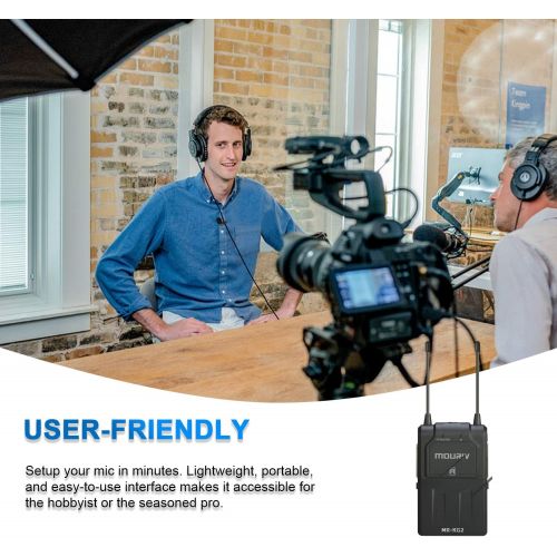  MOURIV 16-Channel UHF Wireless Lavalier Microphone System, Wireless Lav Mic with Two Transmitters & One Receiver Compatible with DSLR Cameras, Camcorders, iPhone, Android Smartphon