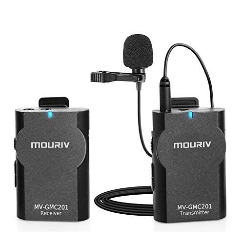  2.4GHz Wireless Lavalier Lapel Mic, Mouriv MV-GMC201 Omnidirectional Mic System Audio Recording with Easy Clip On, 3.5mm Plug Compatible with Canon Nikon Sony DSLR Camera, Camcorde