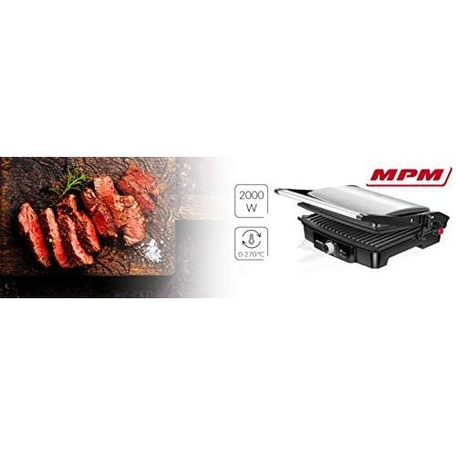  [아마존베스트]MPM MGR-09M Double Rocker Lid Grill Height Adjustable 180°C Opening Non-Stick Panels Stainless Steel Air Conditioning 2000W 2000 Black