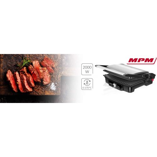  [아마존베스트]MPM MGR-09M Double Rocker Lid Grill Height Adjustable 180°C Opening Non-Stick Panels Stainless Steel Air Conditioning 2000W 2000 Black