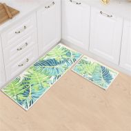 MR FANTASY 2 Pieces Non-slip Kitchen Mat Set Cushioned Green Tropical Leaf Doormat Runner Rug Bath Mat, 16x24+18x47