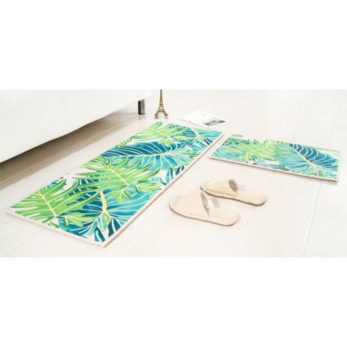  MR FANTASY 2 Pieces Non-slip Kitchen Mat Set Cushioned Green Tropical Leaf Doormat Runner Rug Bath Mat, 16x24+18x47