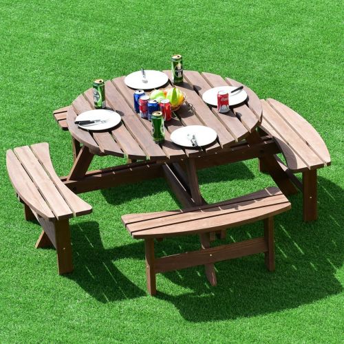  MRT SUPPLY Patio 8 Seat Wood Picnic Table Beer Dining Seat Bench Set Pub Garden Yard with Ebook