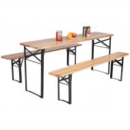 MRT SUPPLY 3 PCS Outdoor Wood Picnic Table Beer Bench Dining Set Folding Wooden Top Patio with Ebook