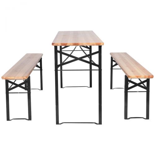  MRT SUPPLY 3 PCS Outdoor Wood Picnic Table Beer Bench Dining Set Folding Wooden Top Patio with Ebook