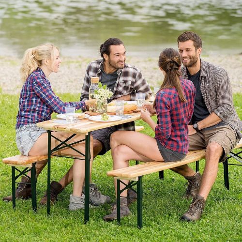  MRT SUPPLY 3 PCS Outdoor Wood Picnic Table Beer Bench Dining Set Folding Wooden Top Patio with Ebook