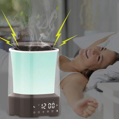  MRXUE Wake Up Light with Aroma Humidifier Diffuser LED Colorful Mood Night Lamp Essential Oil Diffuser Digital Alarm Clock 6 Sounds Simulation Sunrise,US