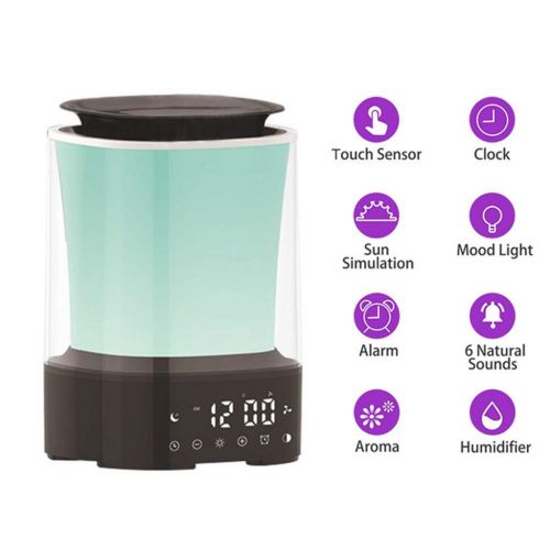  MRXUE Wake Up Light with Aroma Humidifier Diffuser LED Colorful Mood Night Lamp Essential Oil Diffuser Digital Alarm Clock 6 Sounds Simulation Sunrise,US