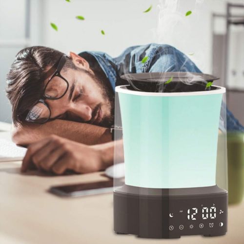  MRXUE Wake Up Light with Aroma Humidifier Diffuser LED Colorful Mood Night Lamp Essential Oil Diffuser Digital Alarm Clock 6 Sounds Simulation Sunrise,US