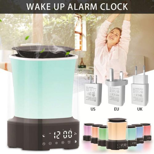  MRXUE Wake Up Light with Aroma Humidifier Diffuser LED Colorful Mood Night Lamp Essential Oil Diffuser Digital Alarm Clock 6 Sounds Simulation Sunrise,US