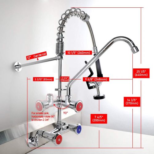  MS MaxSen Wall Mount Commercial Kitchen Sink Faucet 4-8 Inch Adjustable Center Kitchen Brass Mini Pre Rinse Unit,25 Height With High Pressure Pull Down Spray And Add on Spout (6813L)