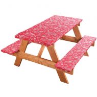 MS HOME 3-Piece Set Floral Inspired Pattern Vinyl Picnic Table Cover - Flannel-Backed, Anti-Spill, Elasticized Edge, Fade-Resistant -Table (60 Lx 34 W) - Bench (60 Lx 16.5 W) (Red)