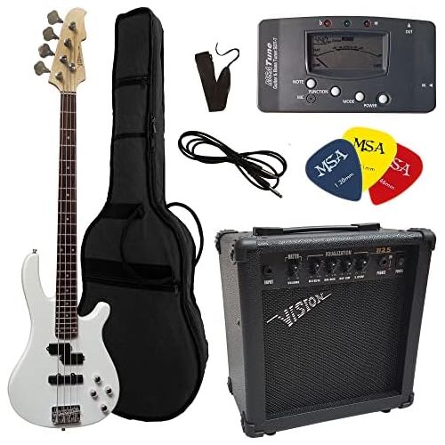  [아마존베스트]MSA Electric Bass Set Jazz Bass Black White Electric Bass Gig Bag Strap Amplifier 45 Watt Tuner 3x Plectrums Cables White Vision Sound Guitar Jazz Style JBS-A-W