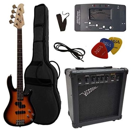  [아마존베스트]MSA Electric Bass Set Sunburst Electric Bass Gig Bag Strap Amplifier 45 Watt Tuner 3x Plectrums Cables Vision Sound Guitar Long Scale JB8SB