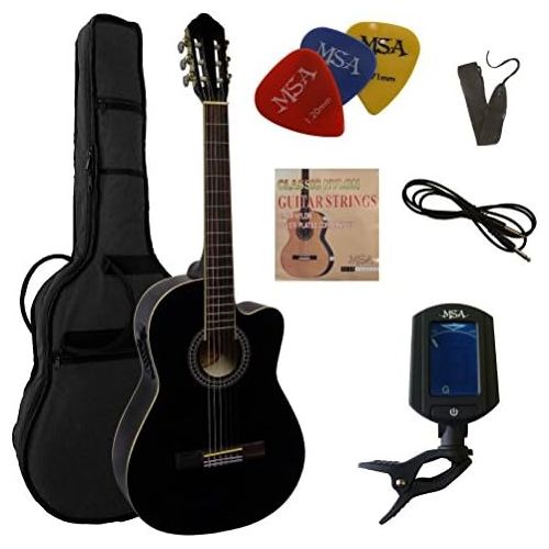  [아마존베스트]MSA 4/4 Guitar with Pickup - Concert Guitar in Set - Classic - Black - with 4 Band EQ - Bag - Band - Strings - 3x Picks - Tuner ET33B - CK111