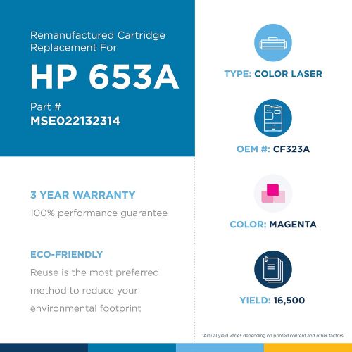  MSE Model MSE022132314 Toner Cartridge; Replacement for HP CF321A (HP 653A) OEM Cartridges; 16500 Pages Lifespan; Magenta