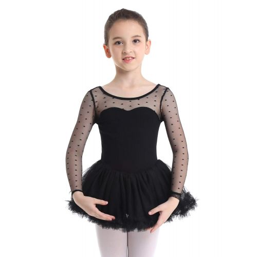  MSemis Kids Girls Mesh Long Sleeve Ballet Tutu Skirted Leotard Dancing Costume Dress