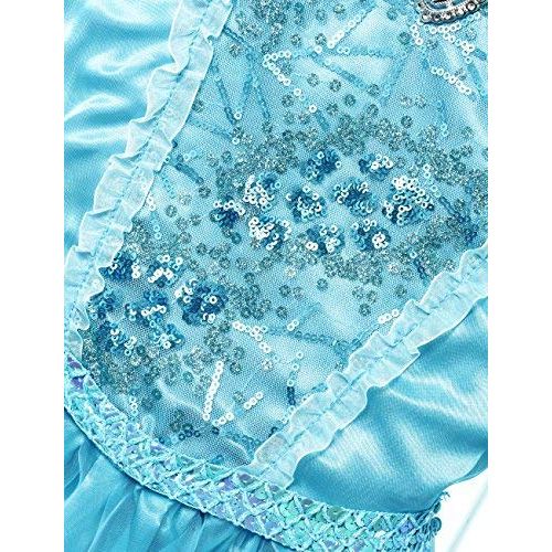  MUABABY Girls Ice Snow Queen Sequin Princess Upgrade Deluxe Costume Long Sleeve Elsa