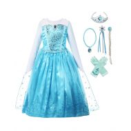 MUABABY Girls Ice Snow Queen Sequin Princess Upgrade Deluxe Costume Long Sleeve Elsa