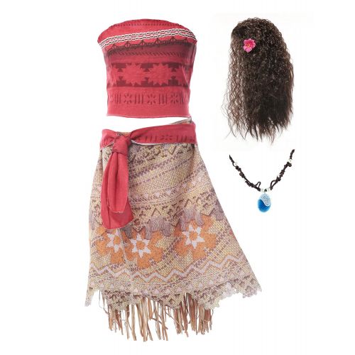  MUABABY Moana Girls Adventure Outfit Cosplay Costume Skirt Set with Wig and Necklace