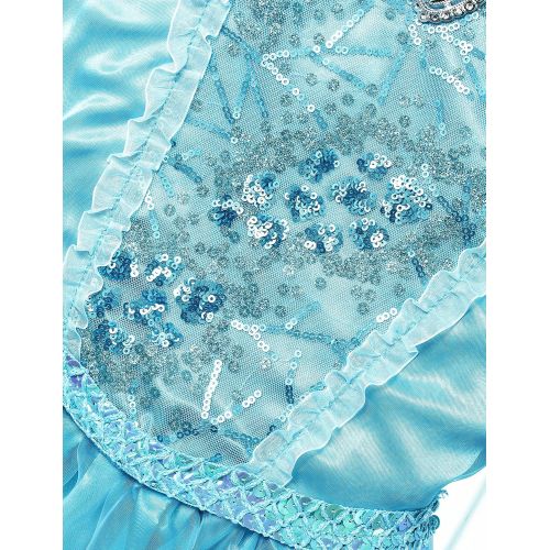  MUABABY Girls Ice Snow Queen Sequin Princess Upgrade Deluxe Costume Long Sleeve Elsa