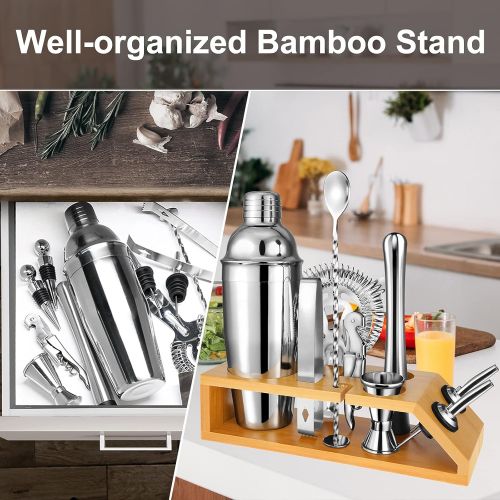  [아마존베스트]MUAMUAU Cocktail Shaker Set Bartender Kit-10 Pcs Stainless Steel Martini Shaker Set with Bamboo Stand Includes a 25 oz Shaker to Make Mixing Wonderful