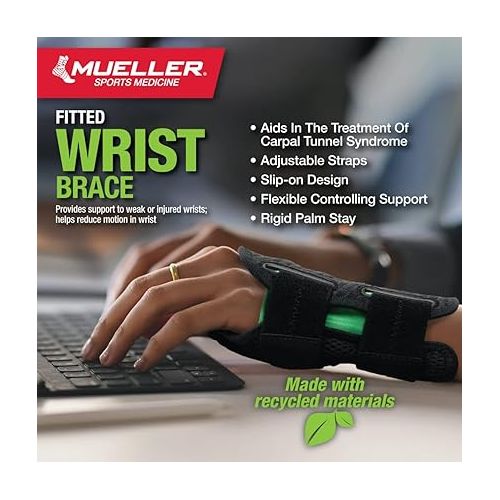  Mueller Sports Medicine Green Fitted Wrist Brace for Men and Women, Support and Compression for Carpal Tunnel Syndrome, Tendinitis, and Arthritis, Black