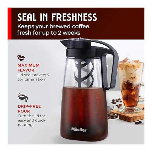  Mueller Cold Brew Coffee Maker, 2-Quart Heavy-Duty Tritan Pitcher, Iced Coffee Maker and Tea Brewer