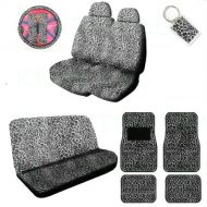 MULTI_B A Set of 2 Universal Fit Animal Print Low Back Front with Universal Bench Seat Covers, Wheel Cover, 2 Shoulder Pads 4 Floor Mats, and 1 Key Fob - Cheetah White