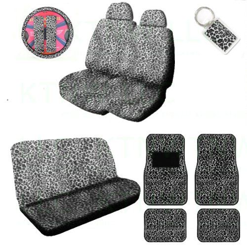  MULTI_B A Set of 2 Universal Fit Animal Print Low Back Front with Universal Bench Seat Covers, Wheel Cover, 2 Shoulder Pads 4 Floor Mats, and 1 Key Fob - Cheetah White