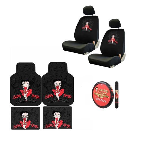  MULTI_B A 7 Piece Betty Boop Gift Set: 2 Lowback Seat Covers, 2 Front Floor Mats, 2 Rear Floor Mats, and 1 Steering Wheel Cover. - Betty Boop