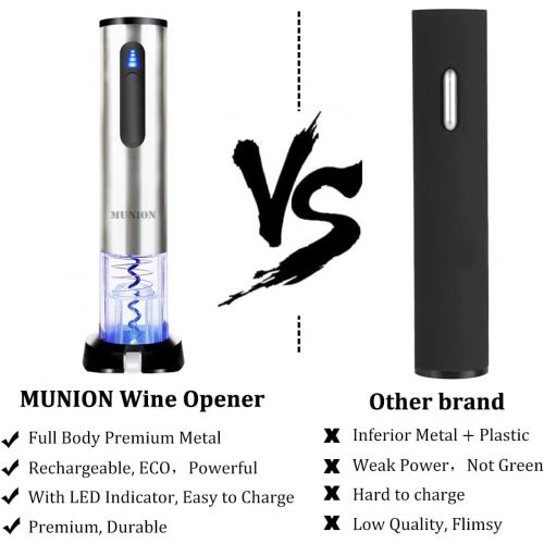  MUNION Electric Wine Bottle Opener Automatic Rechargeable Cordless Wine Corkscrew with Charger, Wine Vacuum Stopper, Wine Pourer and Foil Cutter