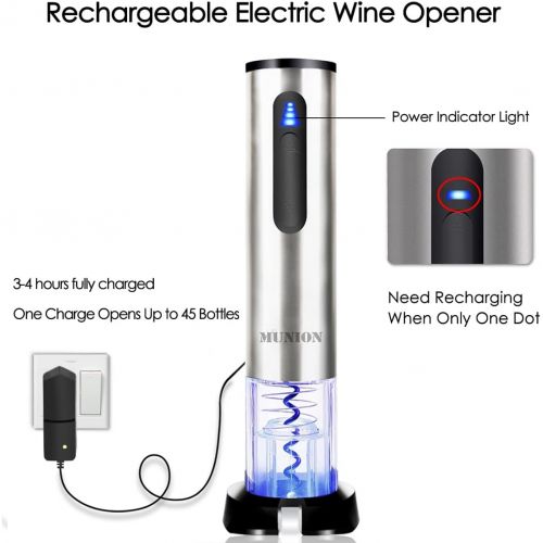  MUNION Electric Wine Bottle Opener Automatic Rechargeable Cordless Wine Corkscrew with Charger, Wine Vacuum Stopper, Wine Pourer and Foil Cutter