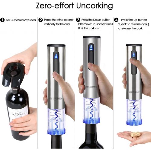  MUNION Electric Wine Bottle Opener Automatic Rechargeable Cordless Wine Corkscrew with Charger, Wine Vacuum Stopper, Wine Pourer and Foil Cutter