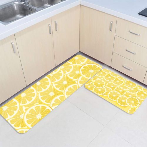  MUSEDAY 2 Piece Kitchen Mat Nature Non-Slip Waterproof Rubber Carpet Oil Proof Kitchen Rugs Set Machine Washable Bathroom Area 15.7x23.6+15.7x47.2 Fresh Yellow Lemon Summer Fruit