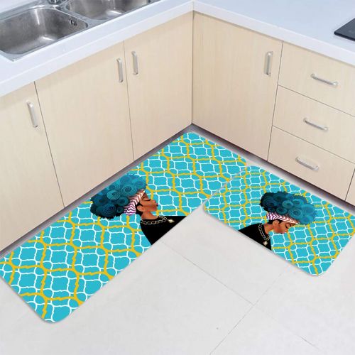  MUSEDAY 2 Piece Kitchen Mat Women Black Non-Slip Waterproof Rubber Carpet Oil Proof Kitchen Rugs Set Machine Washable Bathroom Area 15.7x23.6+15.7x47.2 African Women with Blue Hair Hairsty