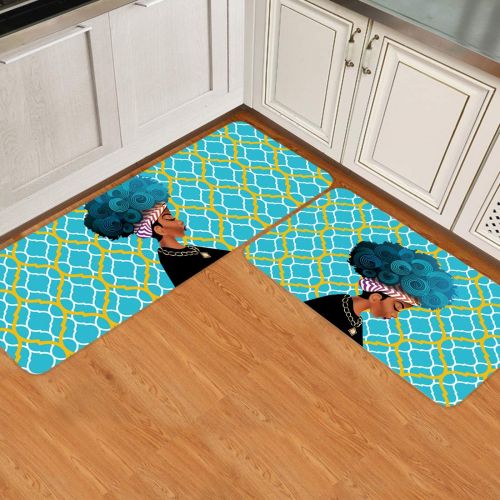  MUSEDAY 2 Piece Kitchen Mat Women Black Non-Slip Waterproof Rubber Carpet Oil Proof Kitchen Rugs Set Machine Washable Bathroom Area 15.7x23.6+15.7x47.2 African Women with Blue Hair Hairsty