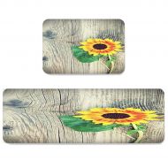 MUSEDAY 2 Piece Kitchen Mat Floral Non-Slip Waterproof Rubber Carpet Oil Proof Kitchen Rugs Set Machine Washable Bathroom Area 19.7x31.5+19.7x47.2 Rustic Wooden Planks with Sunflower and G