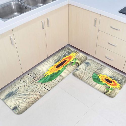  MUSEDAY 2 Piece Kitchen Mat Floral Non-Slip Waterproof Rubber Carpet Oil Proof Kitchen Rugs Set Machine Washable Bathroom Area 19.7x31.5+19.7x47.2 Rustic Wooden Planks with Sunflower and G