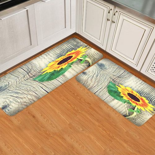  MUSEDAY 2 Piece Kitchen Mat Floral Non-Slip Waterproof Rubber Carpet Oil Proof Kitchen Rugs Set Machine Washable Bathroom Area 19.7x31.5+19.7x47.2 Rustic Wooden Planks with Sunflower and G