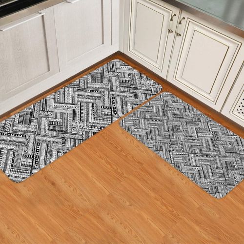  MUSEDAY 2 Piece Kitchen Mat Ethnic Non-Slip Waterproof Rubber Carpet Oil Proof Kitchen Rugs Set Machine Washable Bathroom Area 15.7x23.6+15.7x47.2 Abstract Geometric Black White