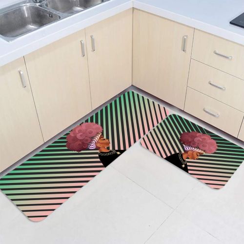  MUSEDAY 2 Piece Kitchen Mat Women Black Non-Slip Waterproof Rubber Carpet Oil Proof Kitchen Rugs Set Machine Washable Bathroom Area 15.7x23.6+15.7x47.2 African Women with Pink Hair Hairsty