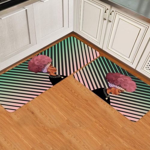  MUSEDAY 2 Piece Kitchen Mat Women Black Non-Slip Waterproof Rubber Carpet Oil Proof Kitchen Rugs Set Machine Washable Bathroom Area 15.7x23.6+15.7x47.2 African Women with Pink Hair Hairsty