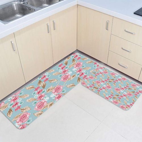  MUSEDAY 2 Piece Kitchen Mat Floral Non-Slip Waterproof Rubber Carpet Oil Proof Kitchen Rugs Set Machine Washable Bathroom Area 15.7x23.6+15.7x47.2 Rose Flowers Hand-Draw Painting V