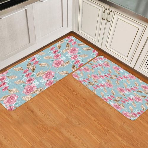  MUSEDAY 2 Piece Kitchen Mat Floral Non-Slip Waterproof Rubber Carpet Oil Proof Kitchen Rugs Set Machine Washable Bathroom Area 15.7x23.6+15.7x47.2 Rose Flowers Hand-Draw Painting V