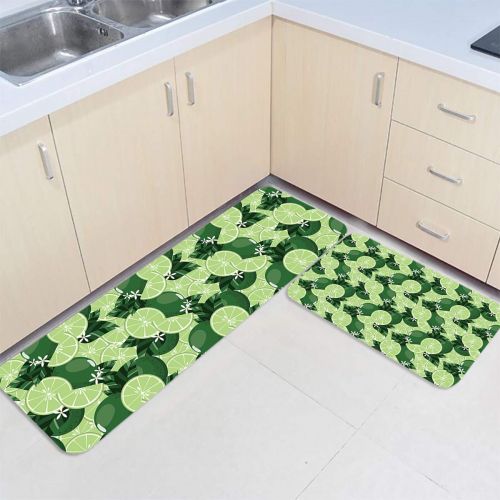  MUSEDAY 2 Piece Kitchen Mat Fruit Decor Non-Slip Waterproof Rubber Carpet Oil Proof Kitchen Rugs Set Machine Washable Bathroom Area 15.7x23.6+15.7x47.2 Green Lemons Exotic Artwork