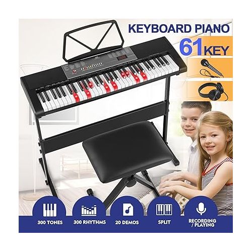  MUSTAR Piano Keyboard with Lighted Up Keys, Learning Keyboard Piano 61 Keys for Beginners, MEKS-700 Electric Piano Keyboard with Bench, Stand, Headphones, Microphone, Note Stickers, Built-in Speakers