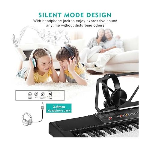  MUSTAR Piano Keyboard with Lighted Up Keys, Learning Keyboard Piano 61 Keys for Beginners, MEKS-700 Electric Piano Keyboard with Bench, Stand, Headphones, Microphone, Note Stickers, Built-in Speakers