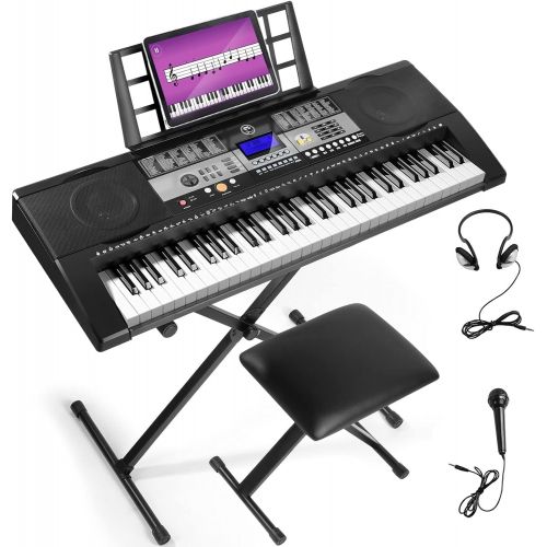  [아마존베스트]Mustar 61 Full Size Touch Keys Piano Keyboard, Portable Electronic Music Keyboard Kit with Stand, Stool, Microphone,Headphone & Power Supply,